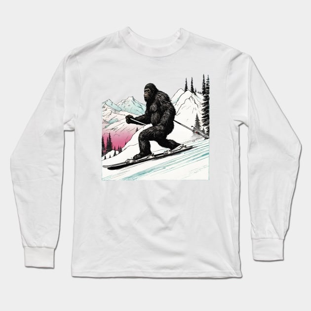 Funny Bigfoot Skiing Dad Bigfoot Believer and Ski in Mountain Long Sleeve T-Shirt by DaysuCollege